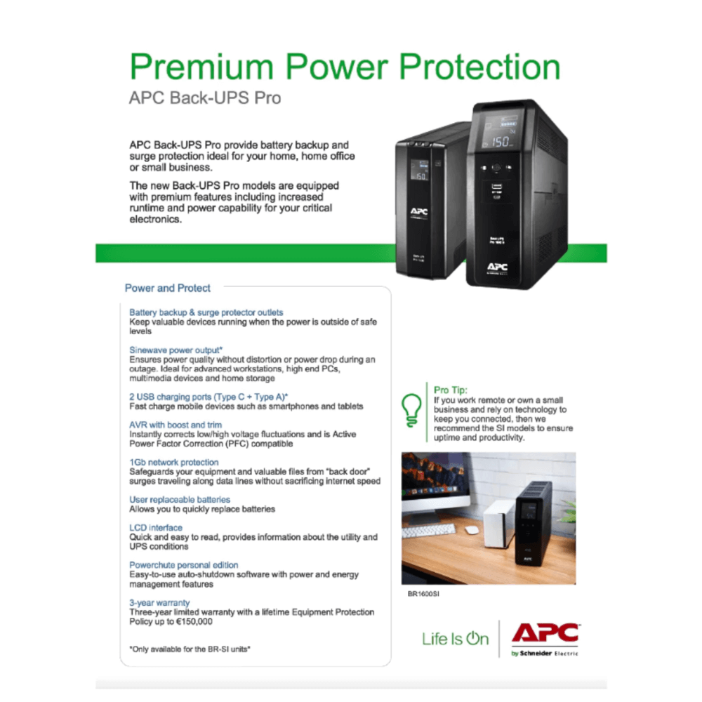 เครื่องสำรองไฟฟ้า APC 1600VA 960 วัตต์ รุ่น BR1600SI-3Y EASY UPS 8 ช่อง ป้องกัน ไฟตก ไฟเกิน